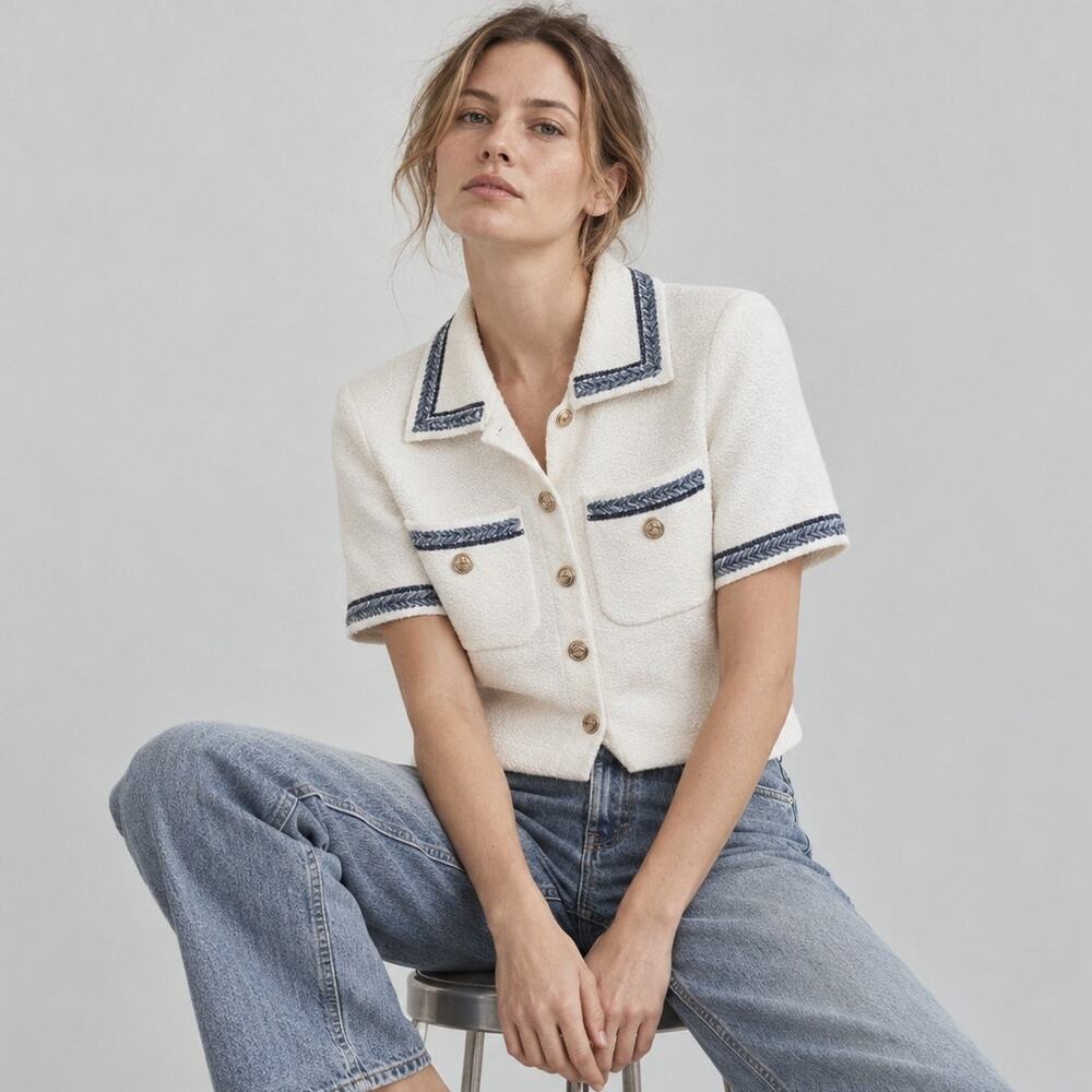 Maje Cropped Contrasting Trim Collared Cardigan White Blue Size 0 XS